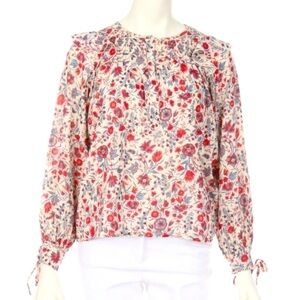 Antik Batik Tunic Blouse with Flower Print, Cream and Red Cotton size M
